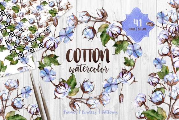 Blue and White Cotton Watercolor Set Illustrations