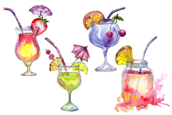 Tropical Cocktails Watercolor Set Illustrations