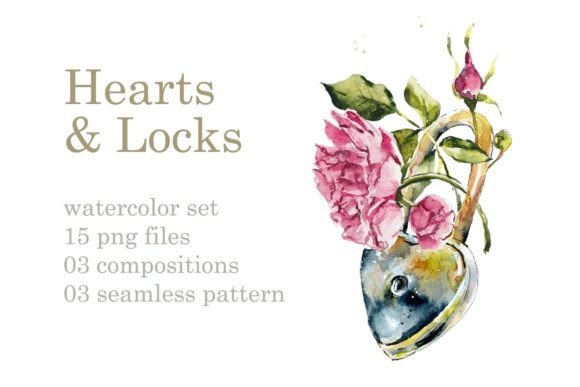 Watercolor Locks, Hearts & Pink Roses Illustrations for Soft, Romantic Branding