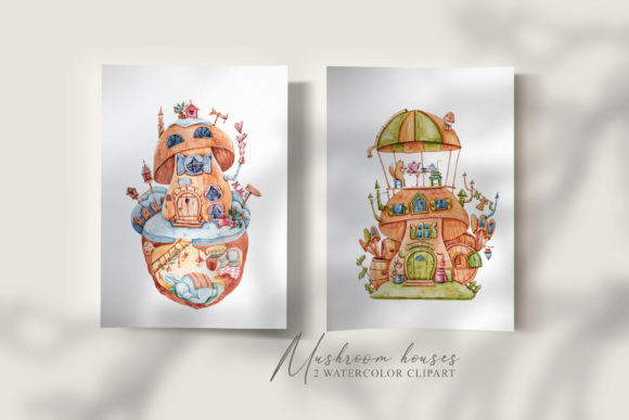 Watercolor Mushroom Fairy Houses Illustrations for Digital Sellers